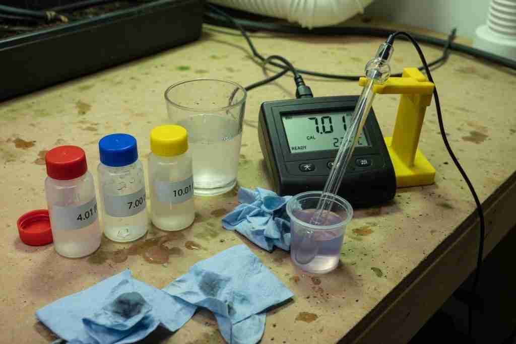 pH meter with 4.01 and 7.00 calibration buffer bottles on a workbench