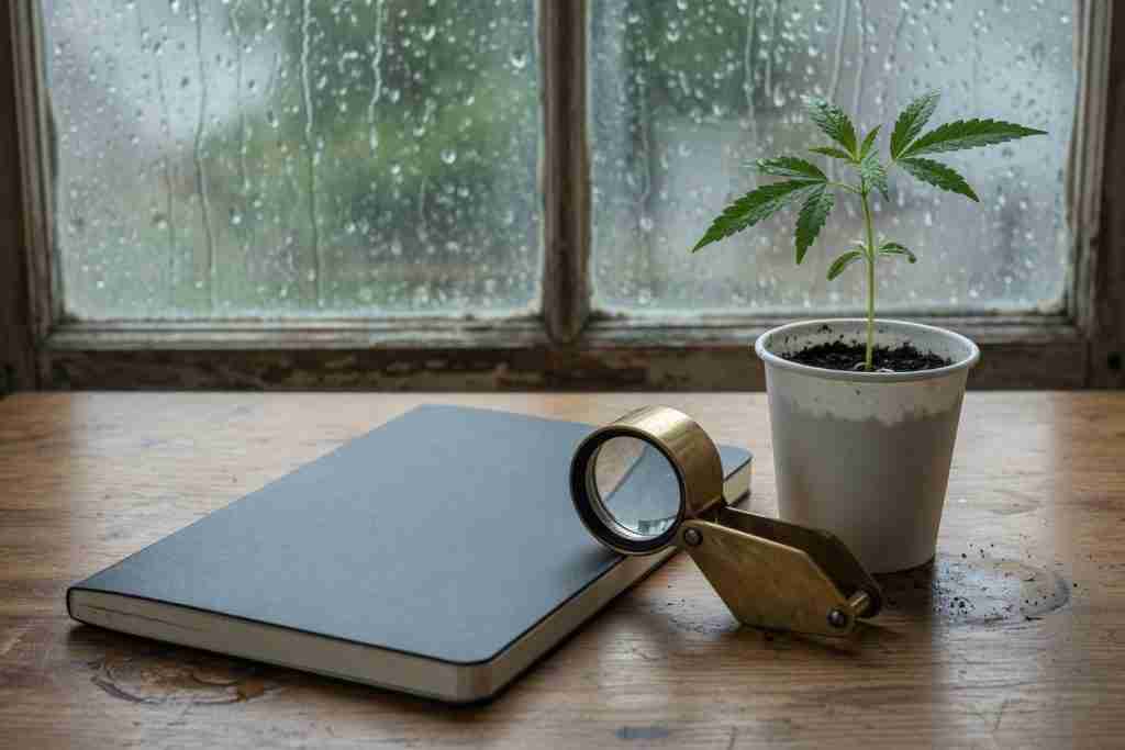 Notebook, jeweler loupe, and a young cannabis seedling in a paper cup on a wooden table by a rainy window
