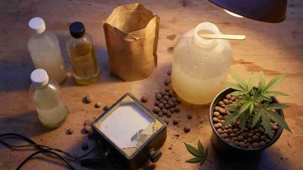 Workbench with unlabeled bottles, mixing jug, meters, clay pebbles, and a young cannabis plant