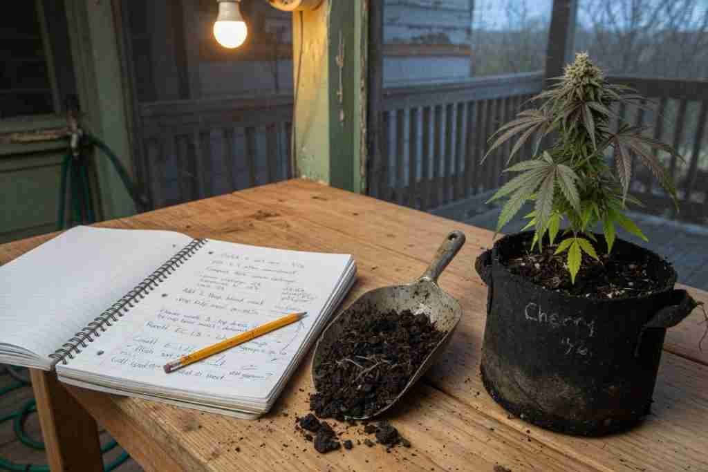 Handwritten soil-mix notebook, metal compost scoop, and a flowering cannabis plant in a black fabric pot labeled Cherry 96 on a wooden porch table