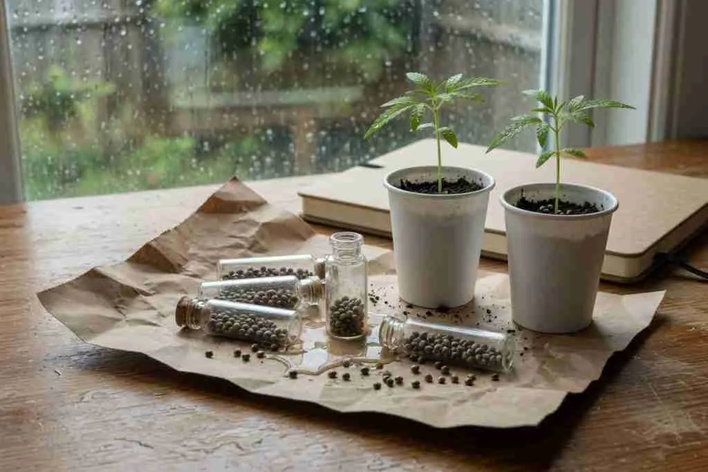 Unlabeled glass vials of cannabis seeds beside two seedlings in cups on a wooden table by a rainy window