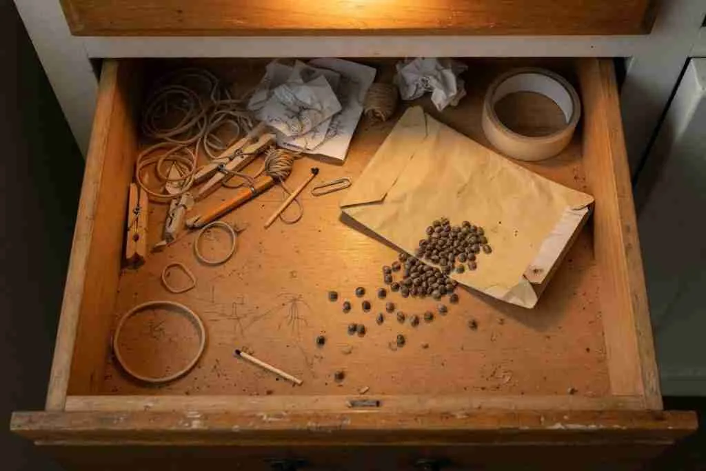 Paper envelope of cannabis seeds spilled in a warm wooden kitchen drawer