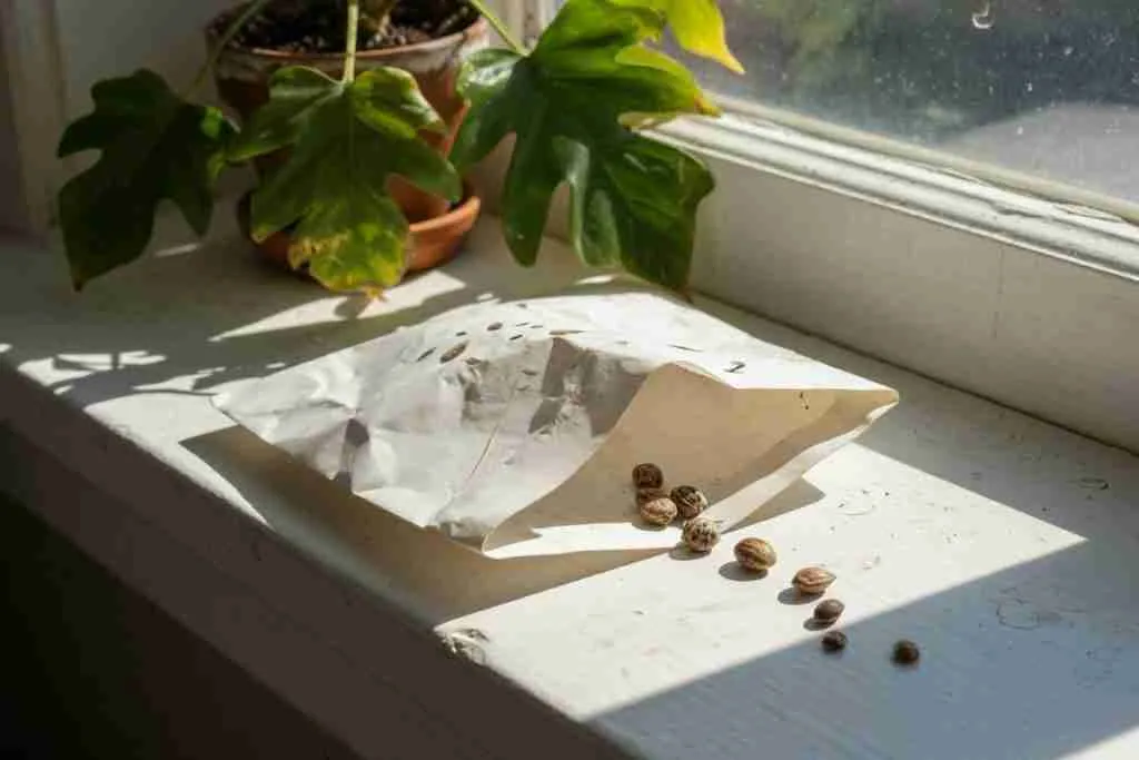 Paper envelope of cannabis seeds on a sunny windowsill