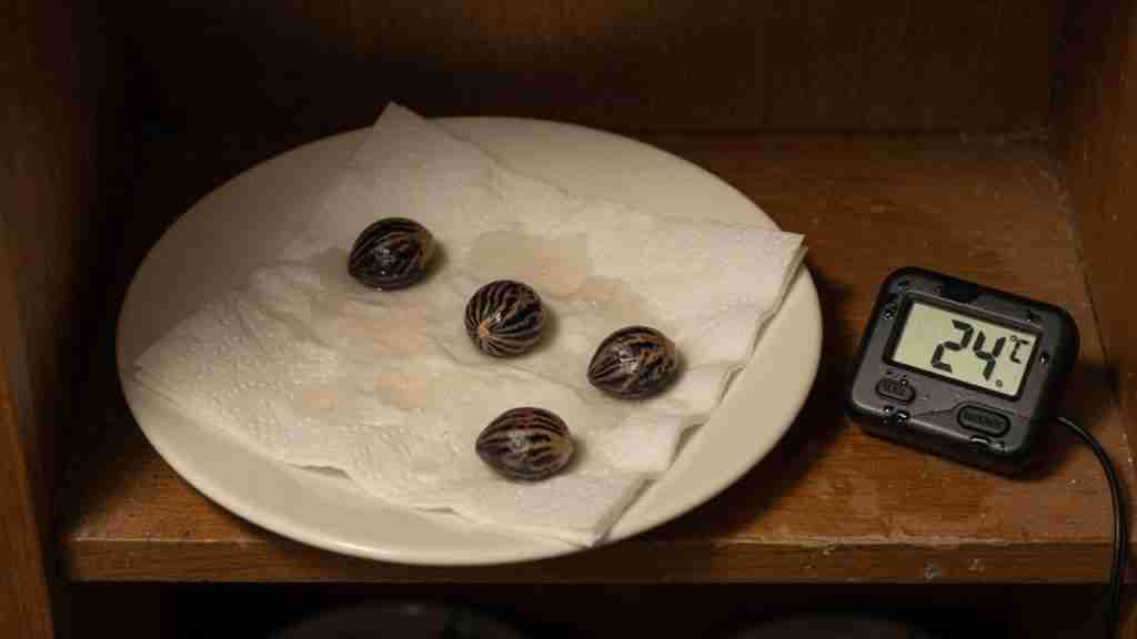 Four cannabis seeds on a damp paper towel in a cupboard beside a 24 degree thermometer