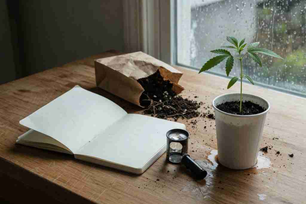 Blank notebook, jeweler loupe, unlabeled kraft soil bag, and a cannabis seedling in a paper cup by a rainy window