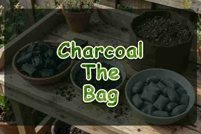 A fabric pot beside bowls of black granules
