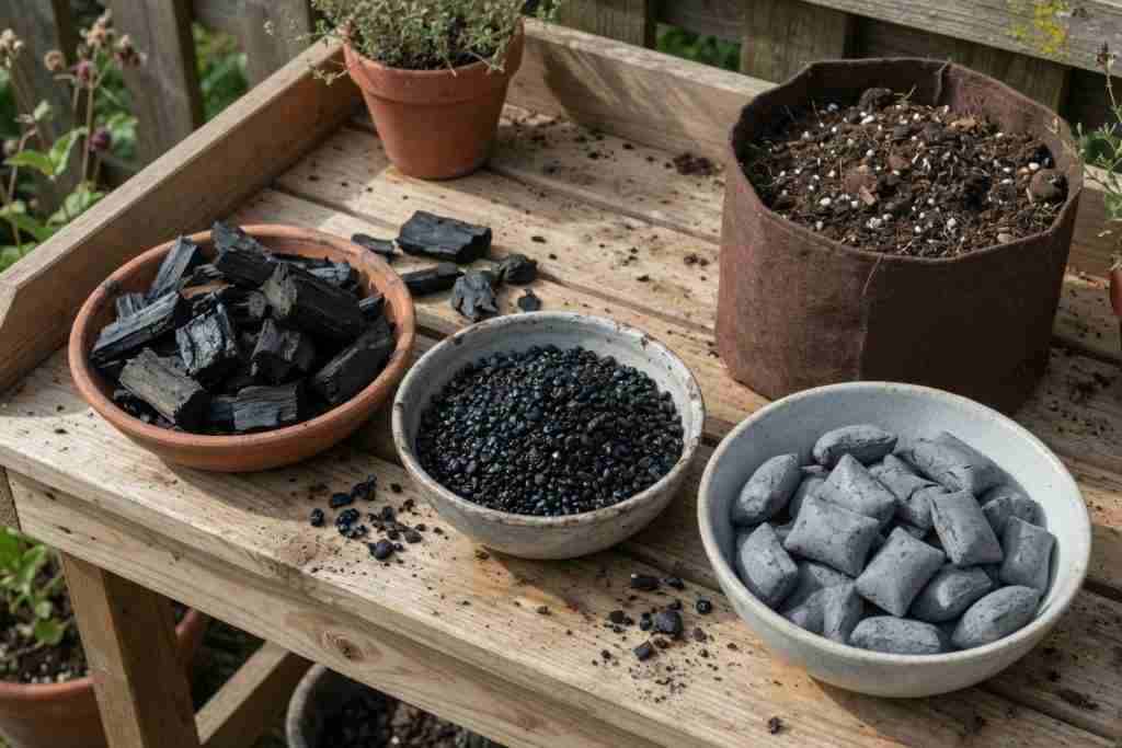 Three bowls of black chunks, granules, and briquettes beside a fabric pot