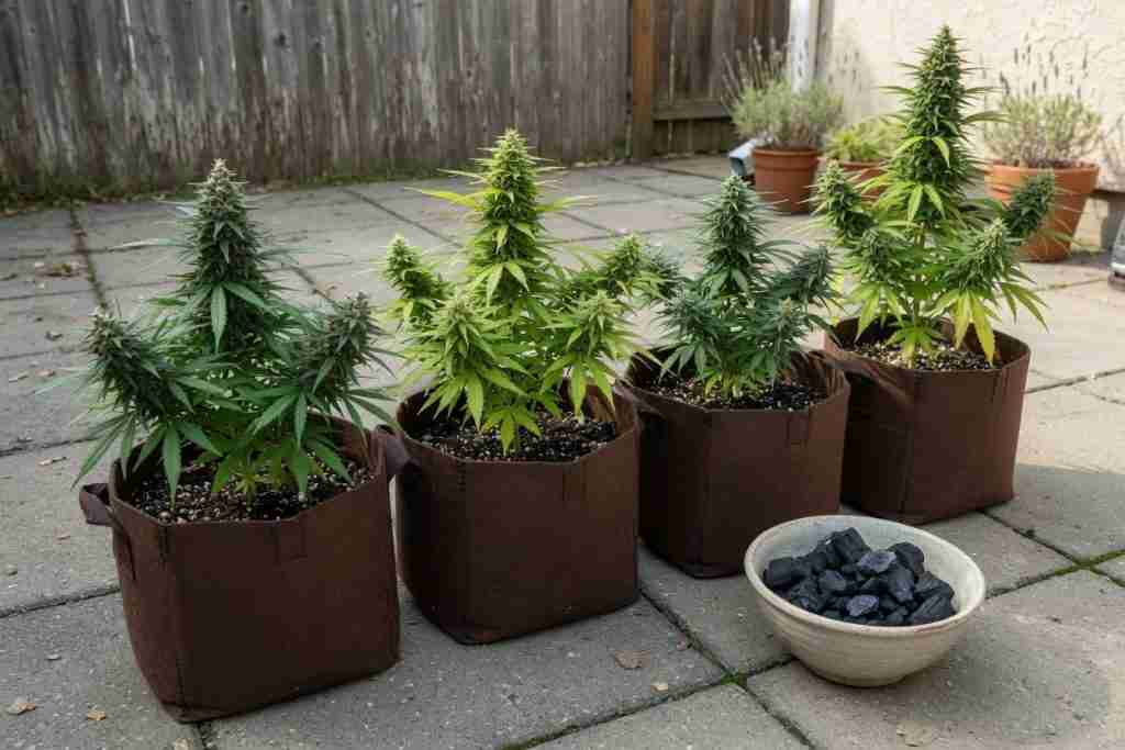 Four cannabis plants beside a bowl of black chunks