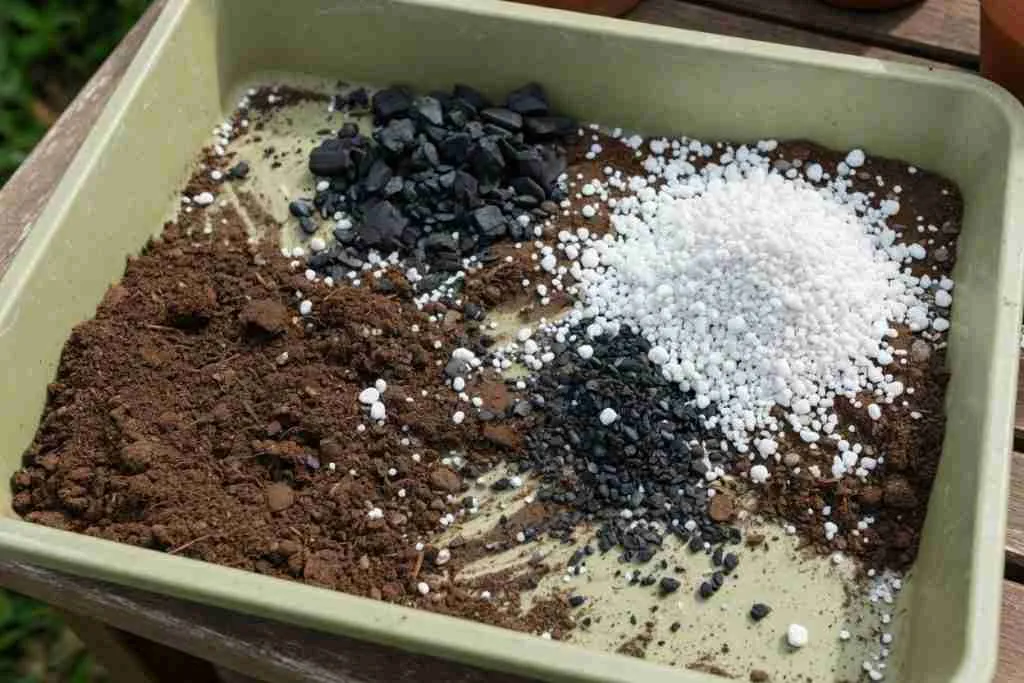 Potting soil, white perlite, and black chunks in a mixing tray