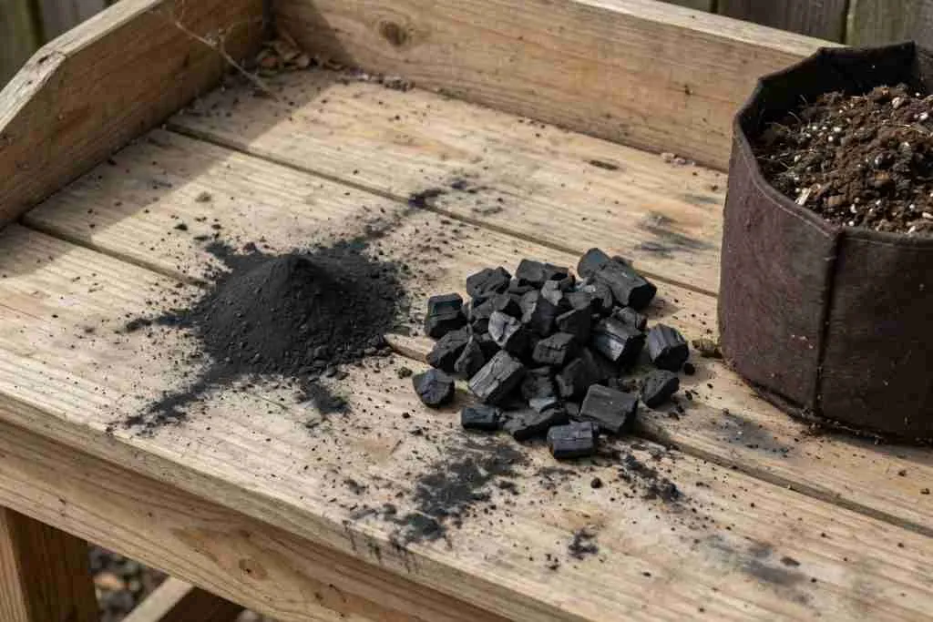 A mound of fine black powder beside chunky charcoal