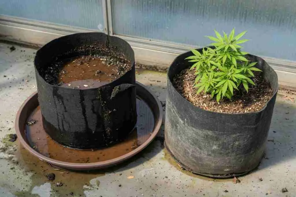 A waterlogged fabric pot beside a drier cannabis plant