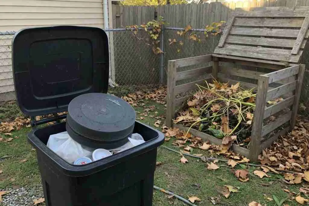 A spent filter in a trash bin apart from a compost pile