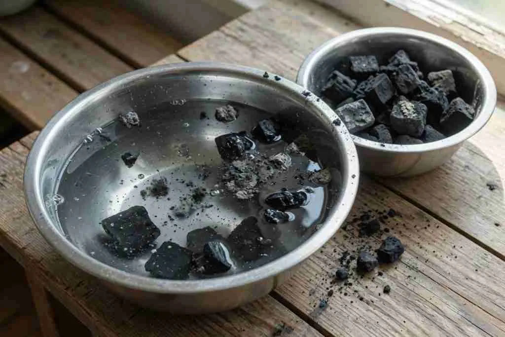 Coarse black chunks soaking in a bowl of water