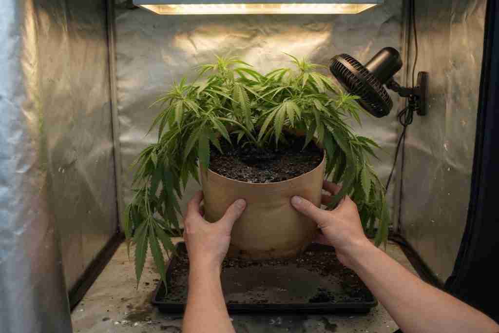 Hands lifting a wet fabric pot while cannabis leaves hang limp