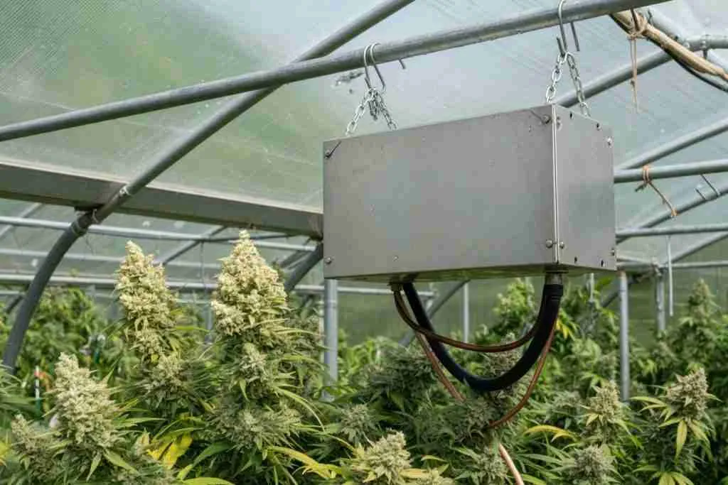 A metal unit hanging above flowering cannabis