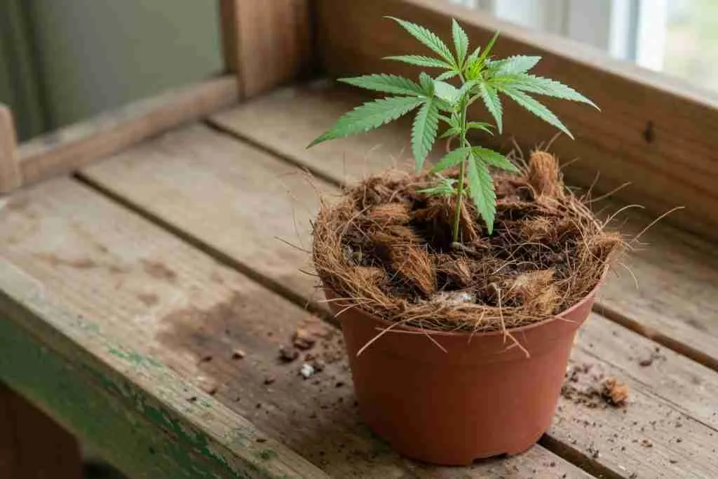 A young cannabis plant growing in coconut coir