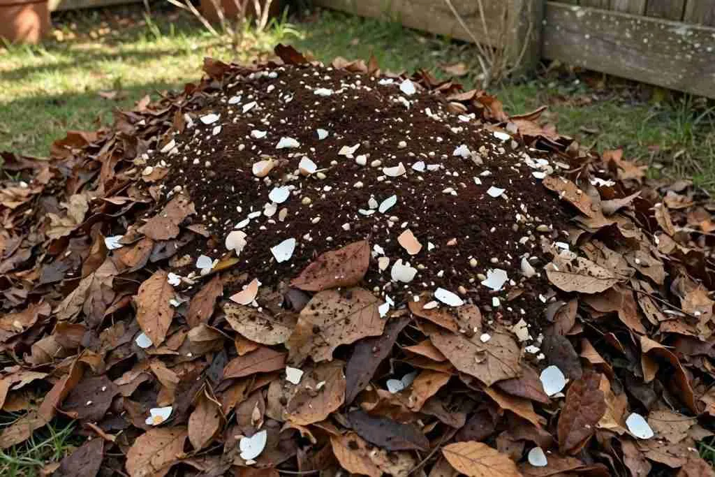 Coffee grounds and crushed eggshells on a compost pile