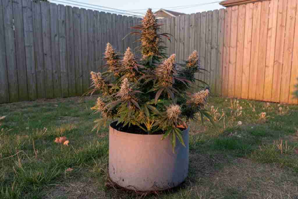 Compact outdoor autoflower cannabis plant in a fabric pot at sunset against a backyard fence