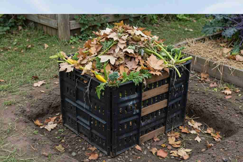 An outdoor compost bin filled with leaves and stems