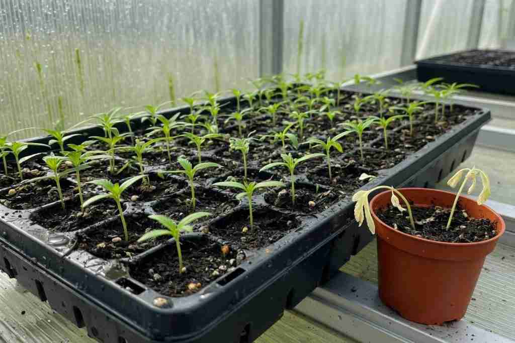 A tray of cannabis seedlings beside two wilted ones