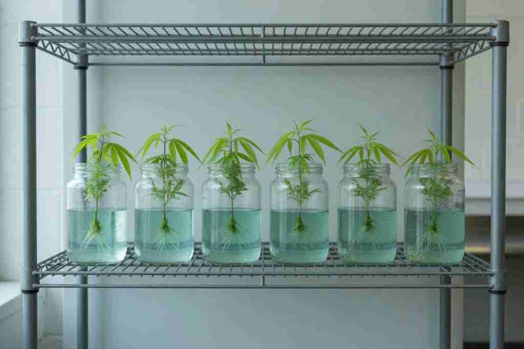 Cannabis cuttings rooting in jars on a shelf