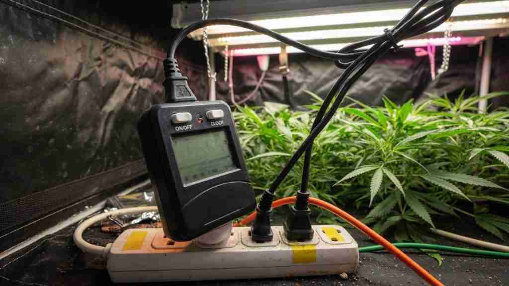 Digital four-cycle outlet timer plugged into a power strip under LED bars in a cannabis tent