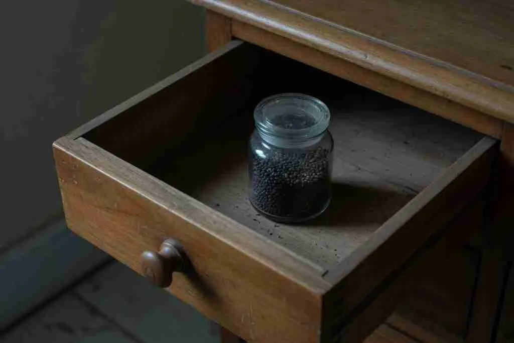 A jar of cannabis seeds sitting in a wooden drawer