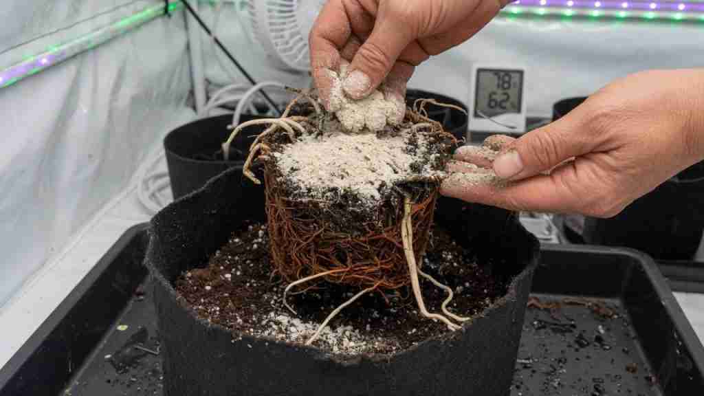 Hands dusting a cannabis root ball with pale inoculant powder over a fabric pot