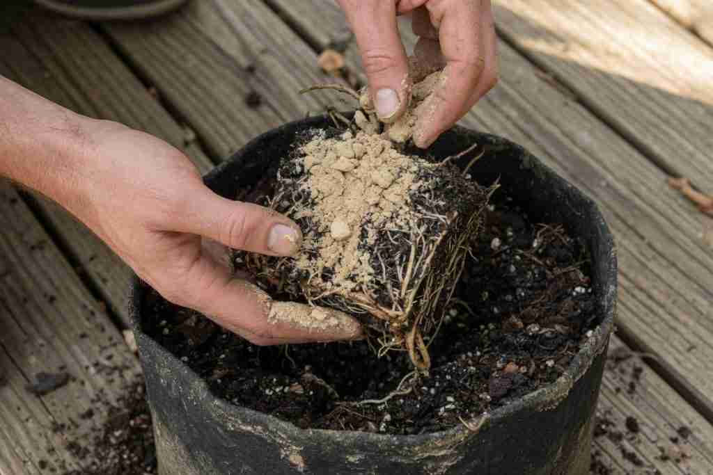 Hands dusting tan mycorrhizal powder onto a moist cannabis root ball over a fabric pot of mix on a wooden deck