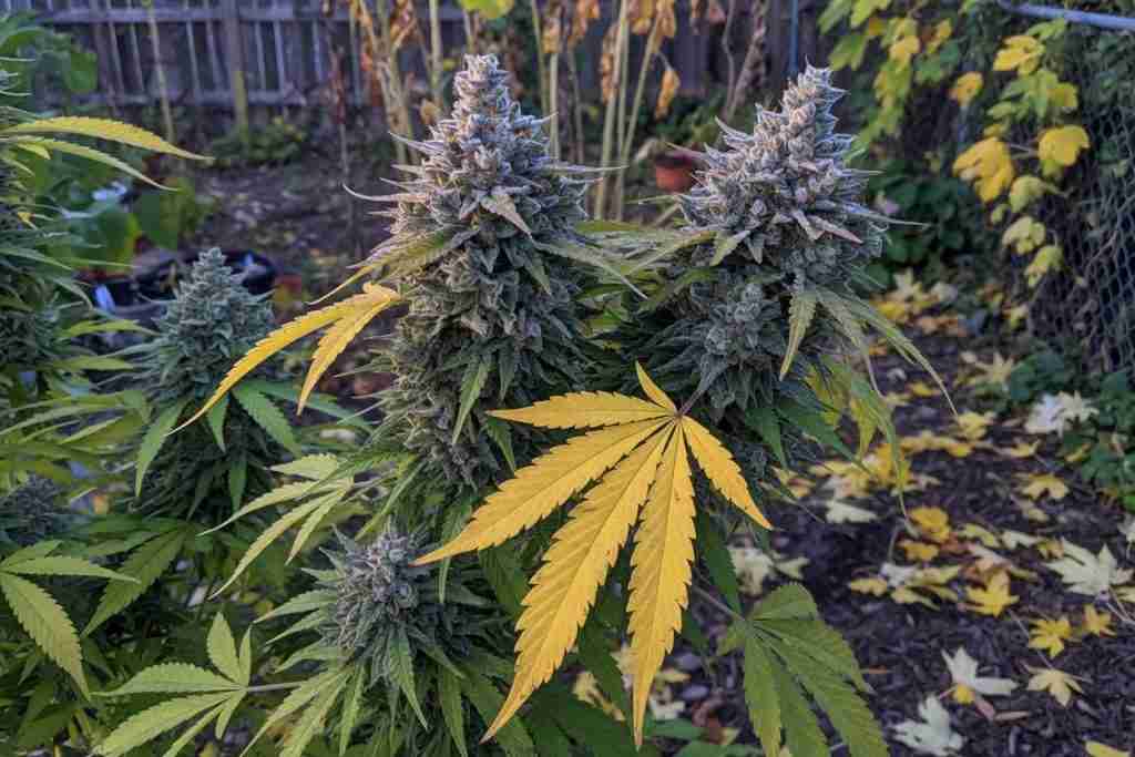 Ripening cannabis colas in an autumn garden