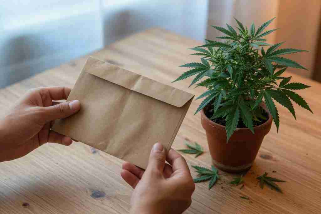 Hands holding a blank paper envelope beside a short cannabis plant