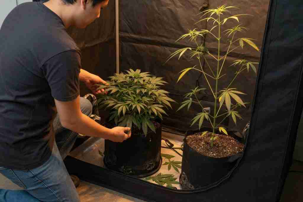 A person comparing a short bushy cannabis plant with a tall lanky one