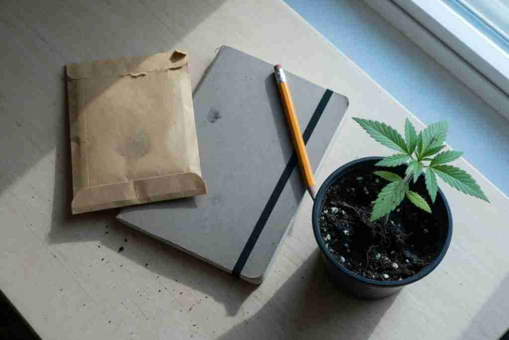A blank seed packet, a closed notebook, and a cannabis seedling