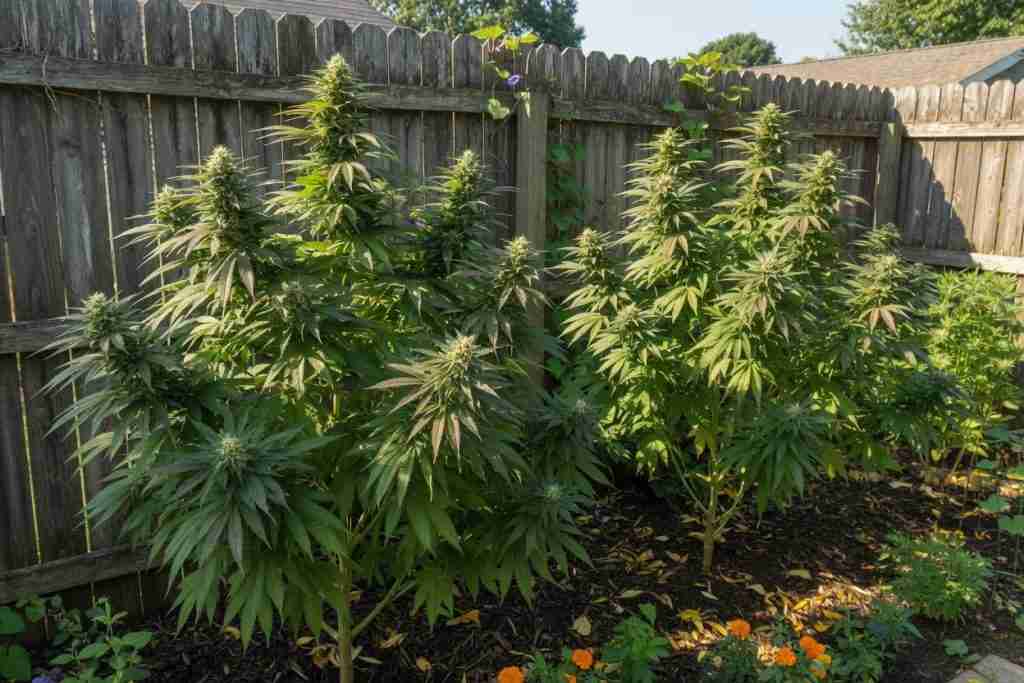 Large outdoor cannabis plants along a wooden fence