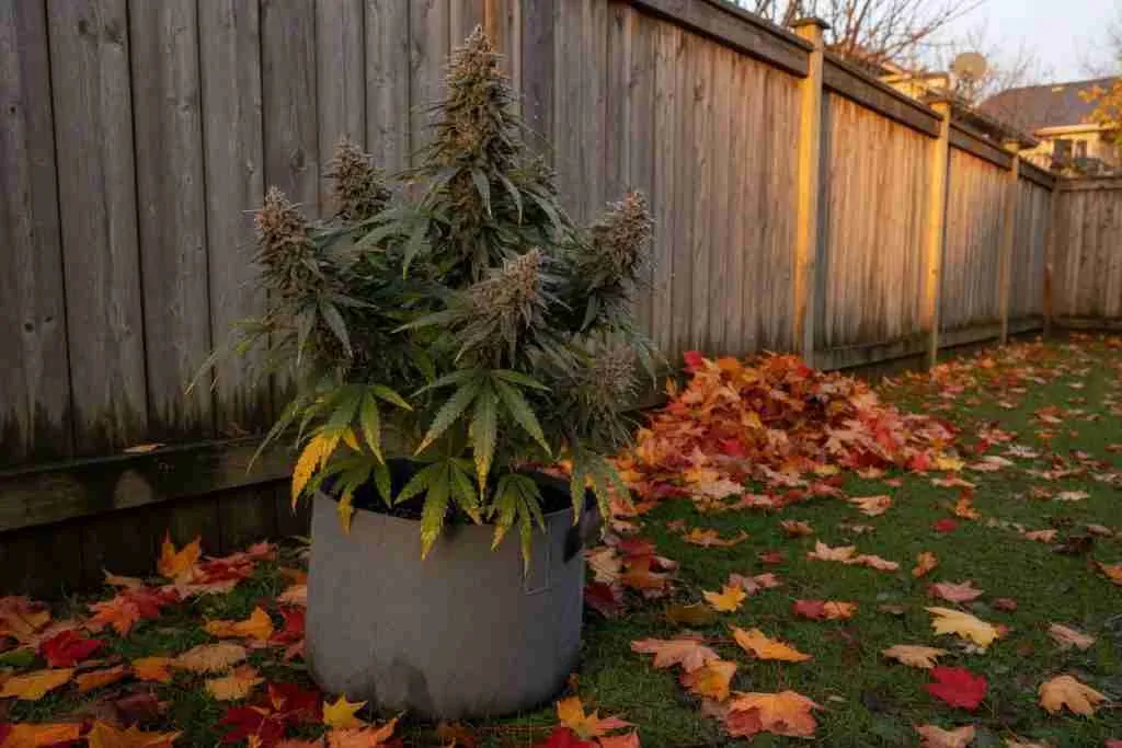 Flowering cannabis plant in an unlabeled fabric pot in a Canadian autumn backyard with fallen maple leaves