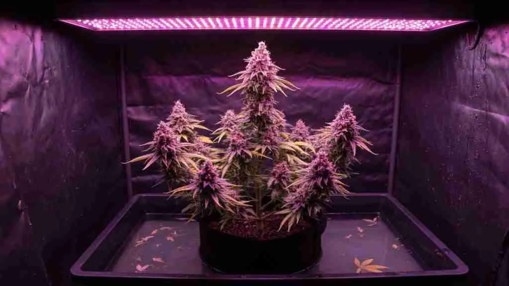 Flowering cannabis plant under an LED bar inside a home grow tent