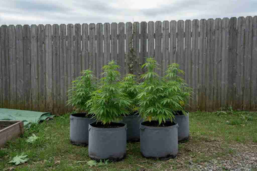 Four unlabeled fabric pots of outdoor cannabis plants in a square against a wooden fence