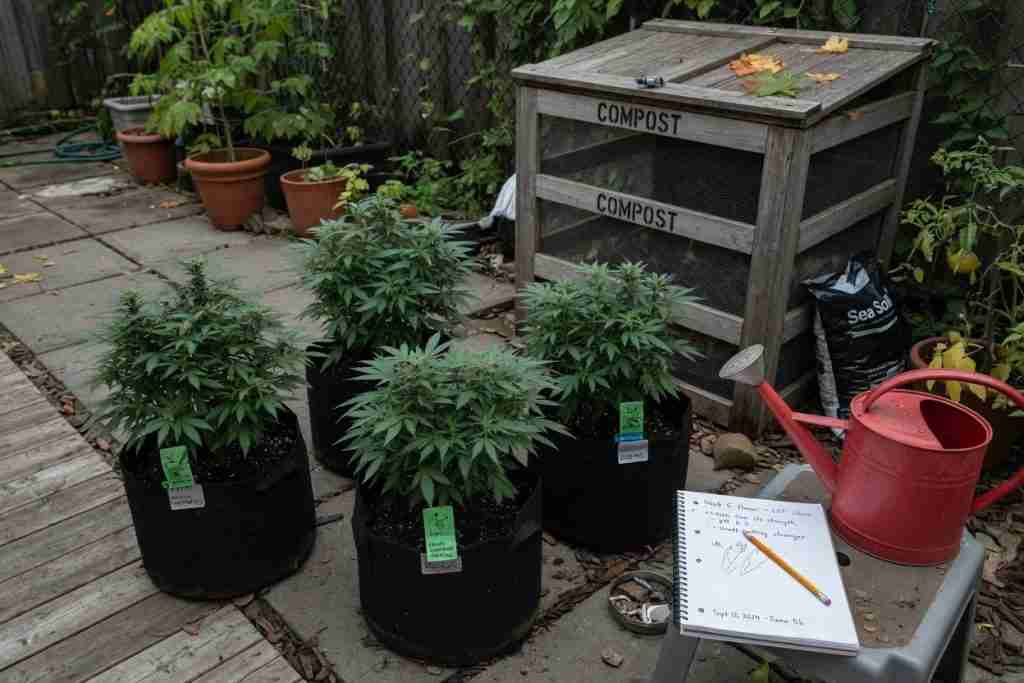 Four flowering cannabis plants in black fabric pots on a backyard patio beside a wooden compost bin, red watering can, and a handwritten grow notebook
