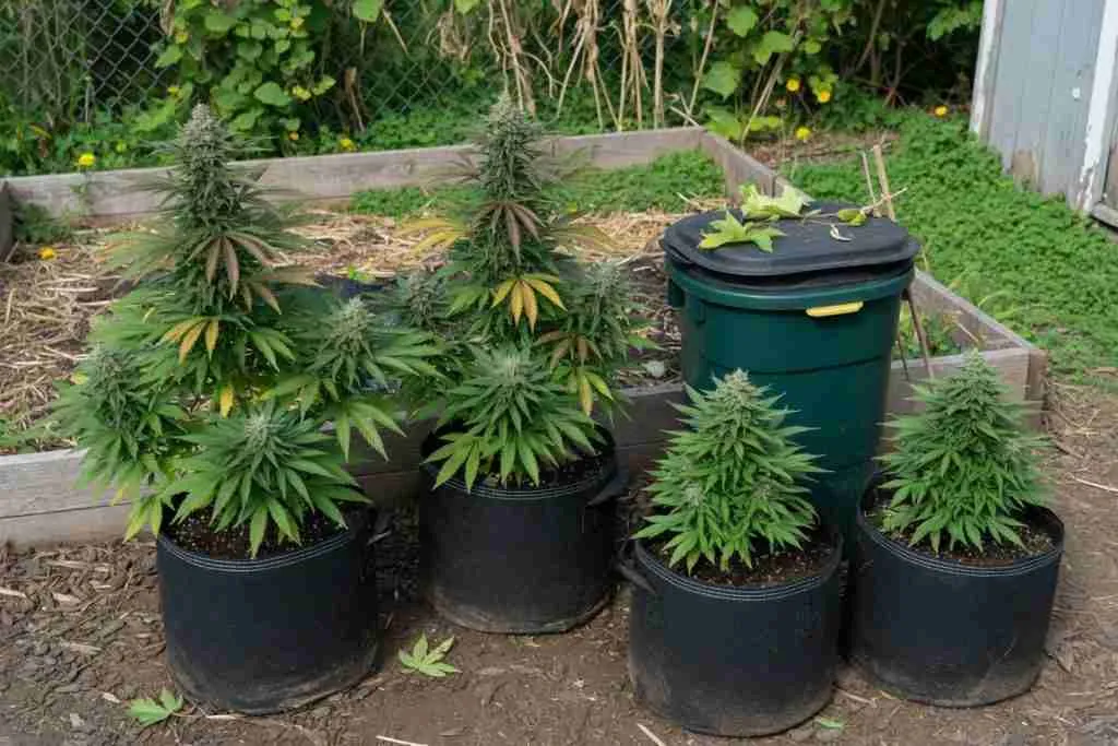 Four cannabis plants beside a small compost bin