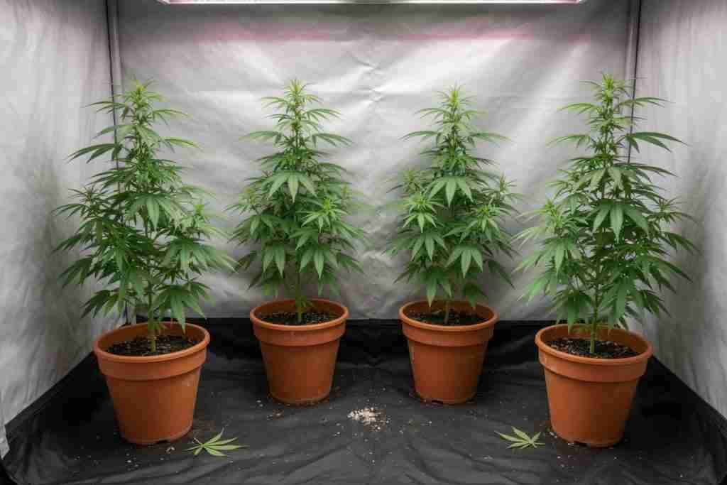 Four cannabis plants in pots inside a home tent