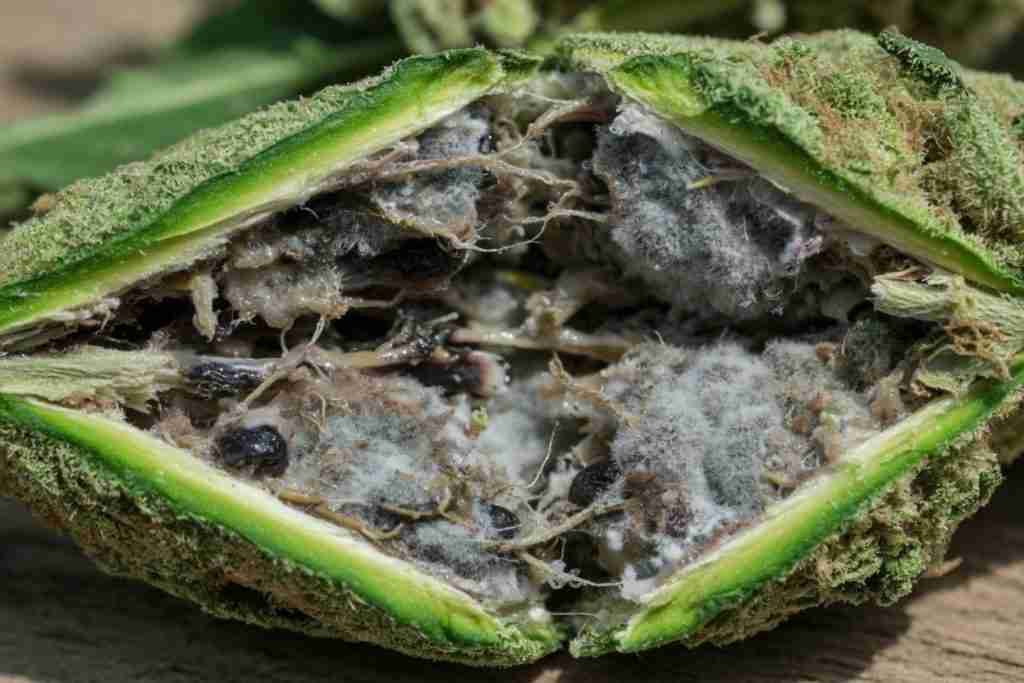 Grey mold inside a split cannabis flower