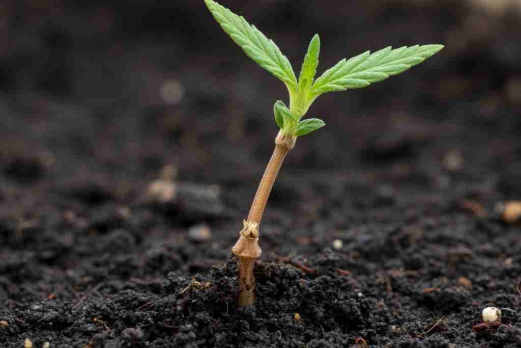 Cannabis seedling stem where it meets the soil
