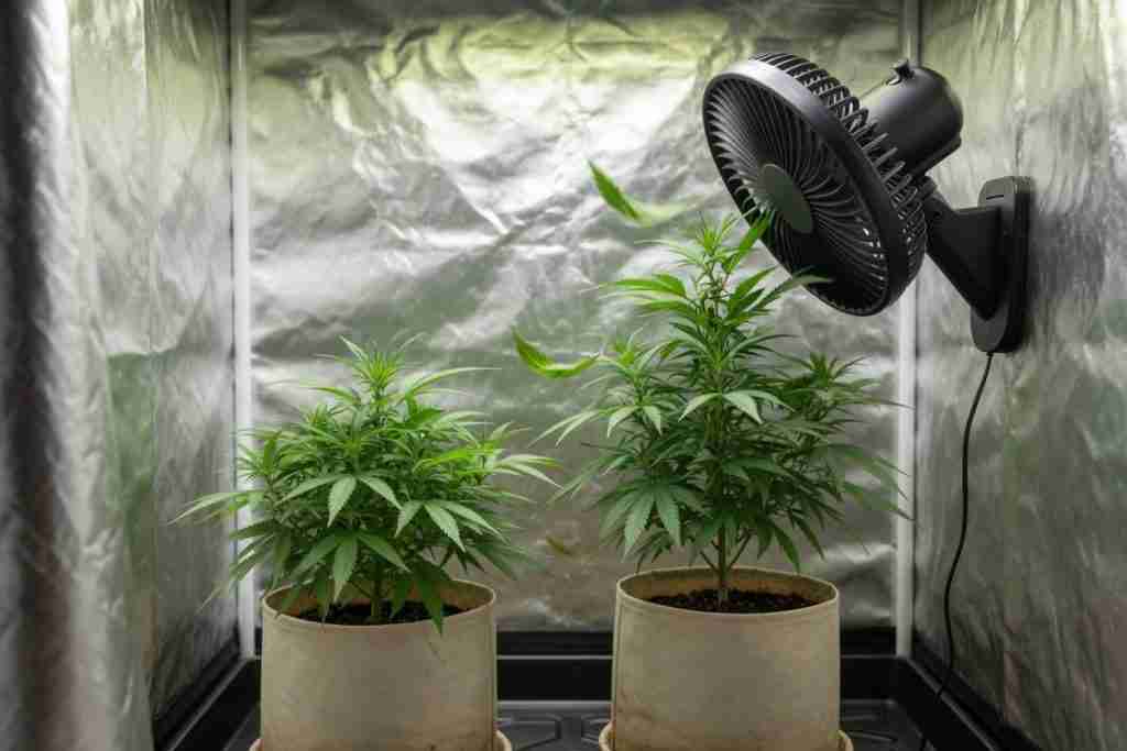 Two cannabis plants in a tent with a fan moving air