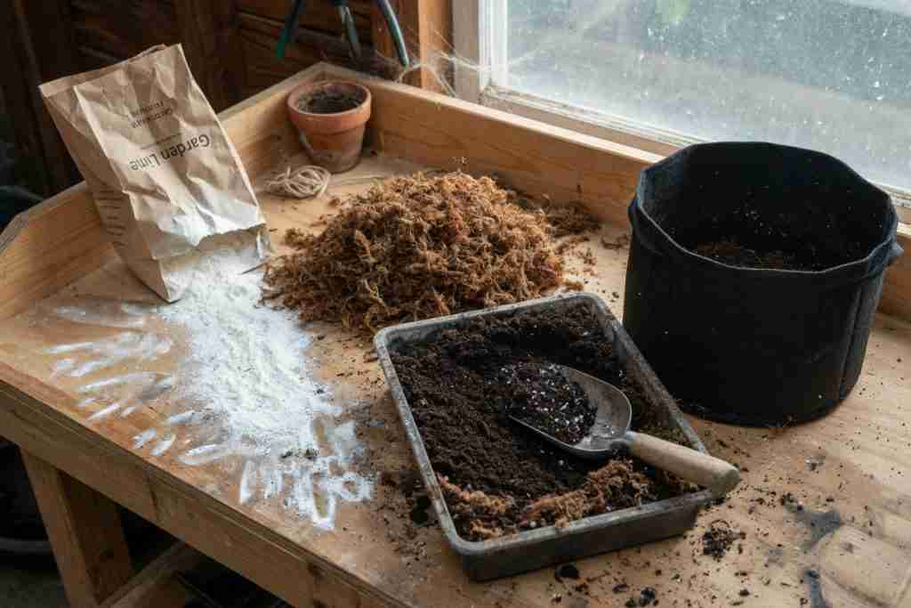 Garden lime, sphagnum peat, and potting soil on a wooden potting bench