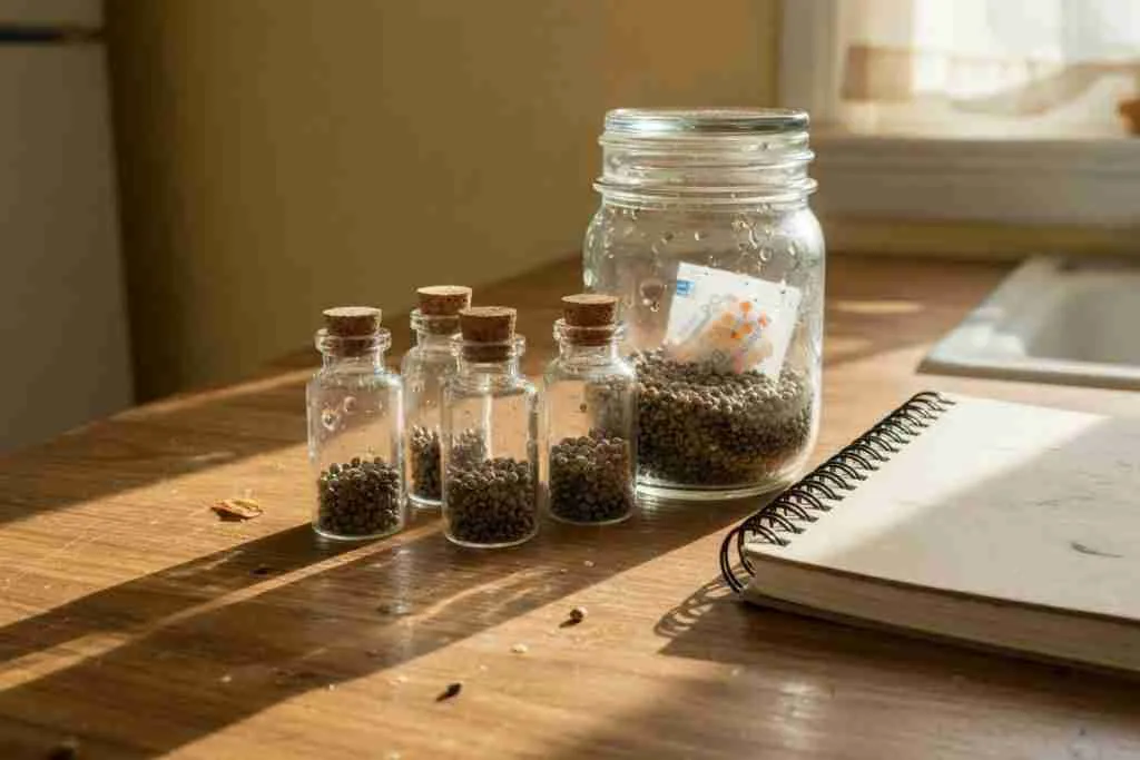 Small glass vials of cannabis seeds beside a mason jar with desiccant