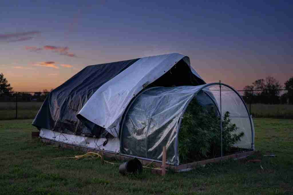 Blackout tarp pulled partway over a hoop house at dusk
