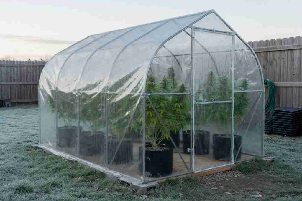Frost on the grass outside a greenhouse with green cannabis plants inside