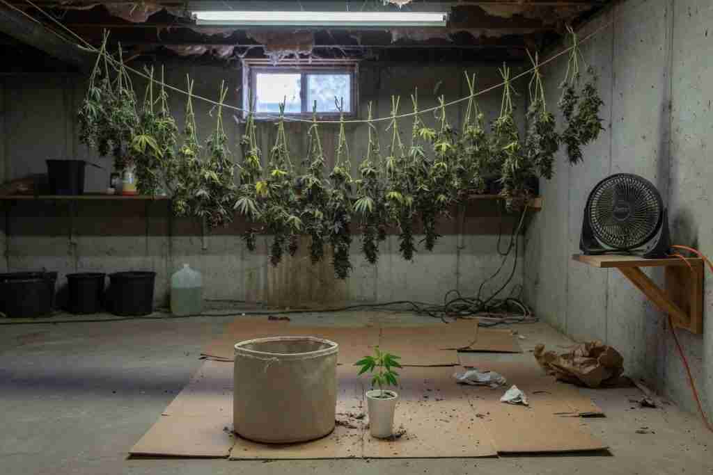 Cannabis branches hanging to dry in a basement with an empty fabric pot and a new seedling on cardboard