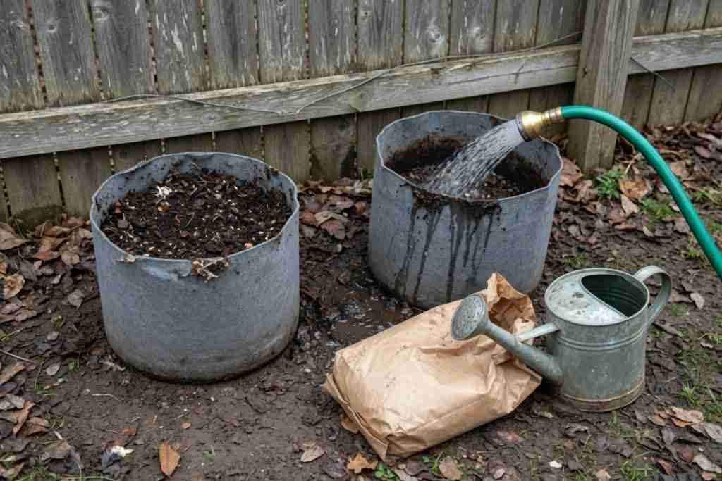 Two unlabeled fabric pots of cannabis mix beside a wooden fence, one being watered with a garden hose, kraft soil bag and galvanized watering can on wet ground