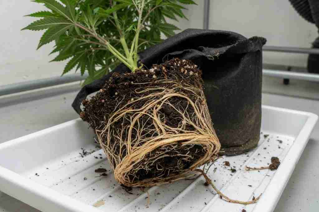 Cannabis root ball slid out of a fabric pot